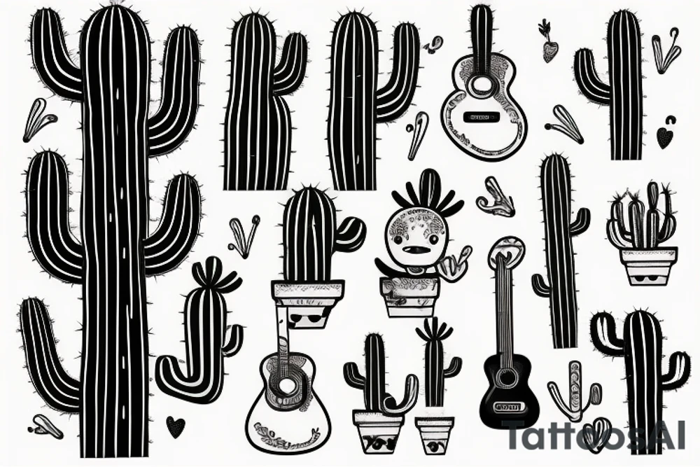 mexican-style sad cactus holding a guitar tattoo idea