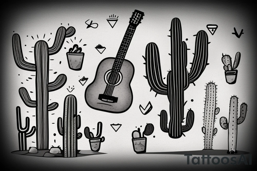 mexican-style sad cactus holding a guitar tattoo idea