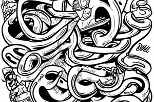 shull and snake inside black and white cartoon tattoo idea