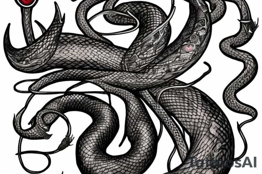 snake wrapping around dagger with ruby hilt surrounded by lilies tattoo idea