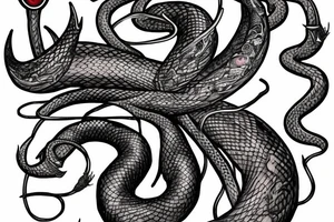 snake wrapping around dagger with ruby hilt surrounded by lilies tattoo idea