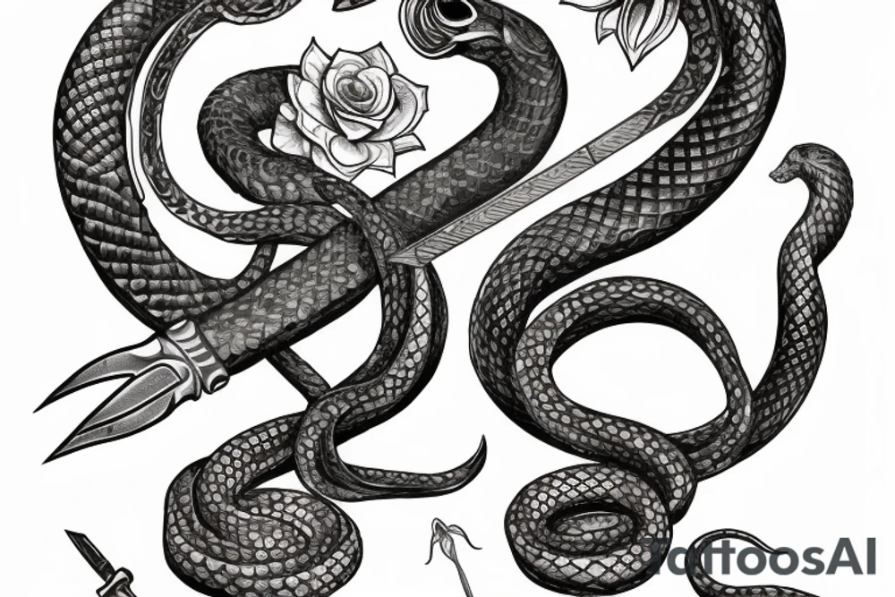 snake wrapping around dagger with ruby hilt surrounded by lilies tattoo idea