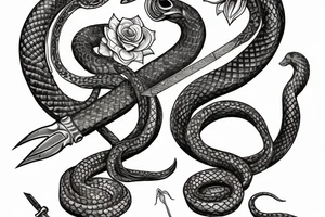 snake wrapping around dagger with ruby hilt surrounded by lilies tattoo idea