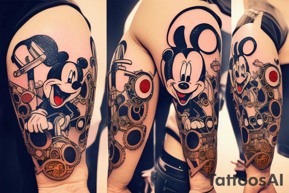 mickey mouse steampunk futuristic holding weapons tattoo idea
