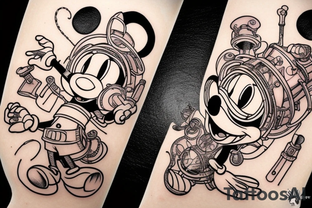 mickey mouse steampunk futuristic holding weapons tattoo idea