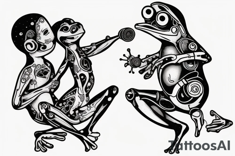 Two frogs cyborg are dancing together. One is holding a guitar and the second one is holding a bottle of wine tattoo idea