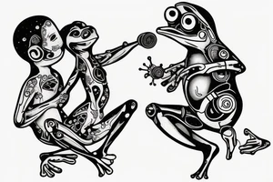 Two frogs cyborg are dancing together. One is holding a guitar and the second one is holding a bottle of wine tattoo idea