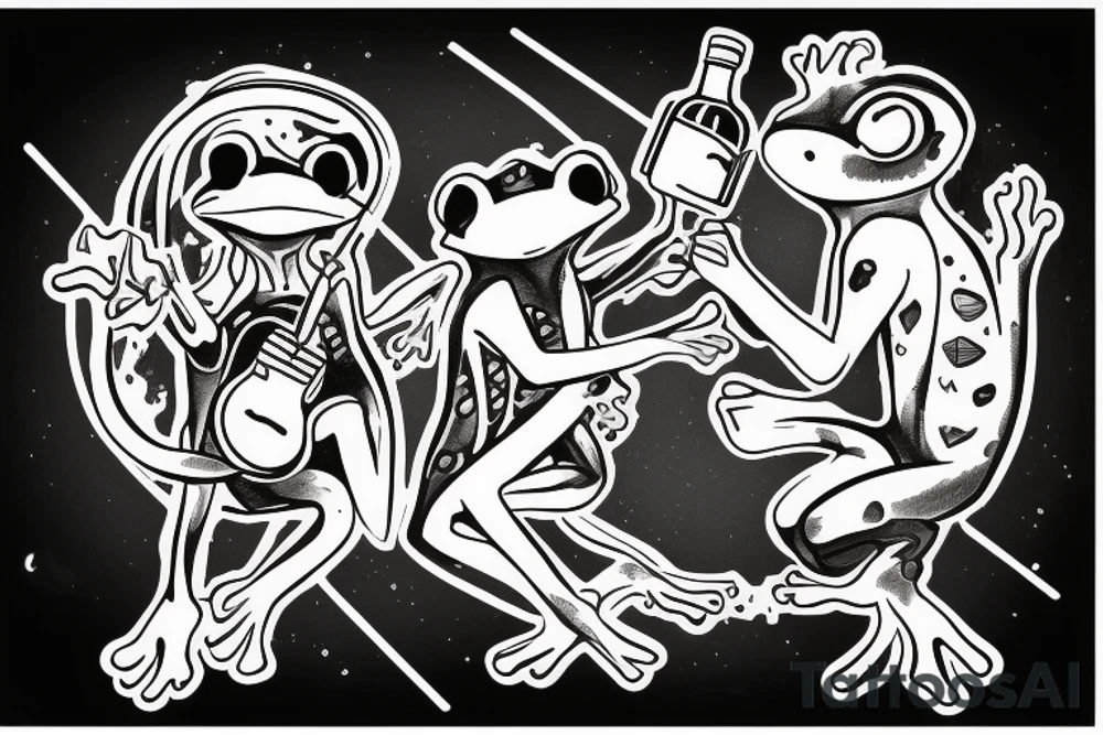Two frogs cyborg are dancing together. One is holding a guitar and the second one is holding a bottle of wine tattoo idea