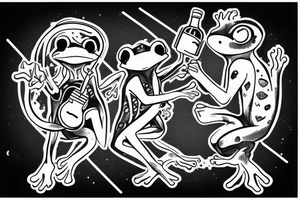 Two frogs cyborg are dancing together. One is holding a guitar and the second one is holding a bottle of wine tattoo idea