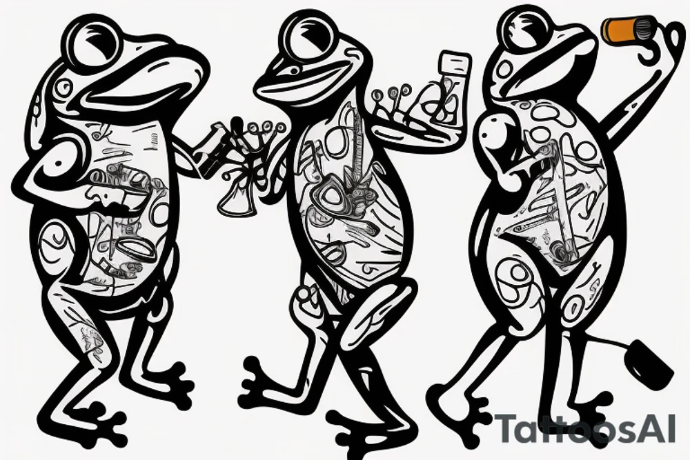 Two frogs cyborg are dancing together. One is holding a guitar and the second one is holding a bottle of wine tattoo idea