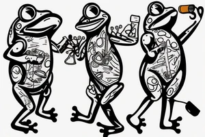 Two frogs cyborg are dancing together. One is holding a guitar and the second one is holding a bottle of wine tattoo idea