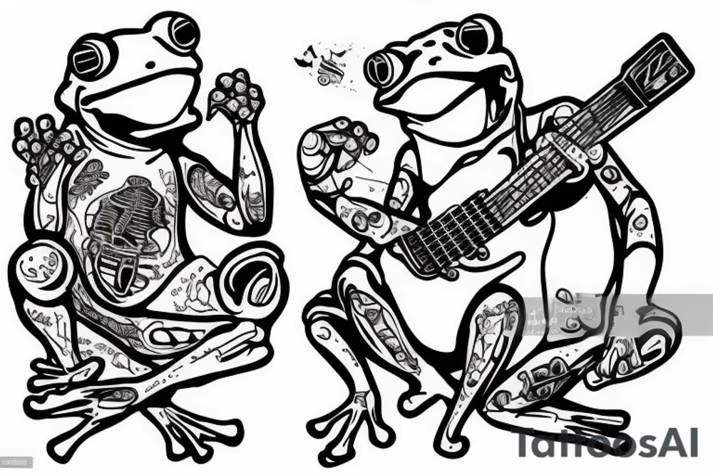 Two frogs cyborg are dancing together. One is holding a guitar and the second one is holding a bottle of wine tattoo idea