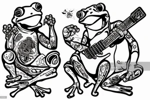 Two frogs cyborg are dancing together. One is holding a guitar and the second one is holding a bottle of wine tattoo idea