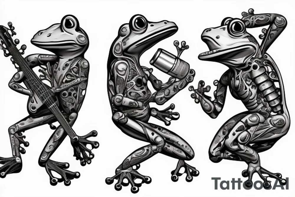 Two frogs cyborg are dancing together. One is holding a guitar and the second one is holding a bottle of wine. Detailed, realistic. tattoo idea