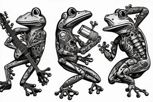 Two frogs cyborg are dancing together. One is holding a guitar and the second one is holding a bottle of wine. Detailed, realistic. tattoo idea