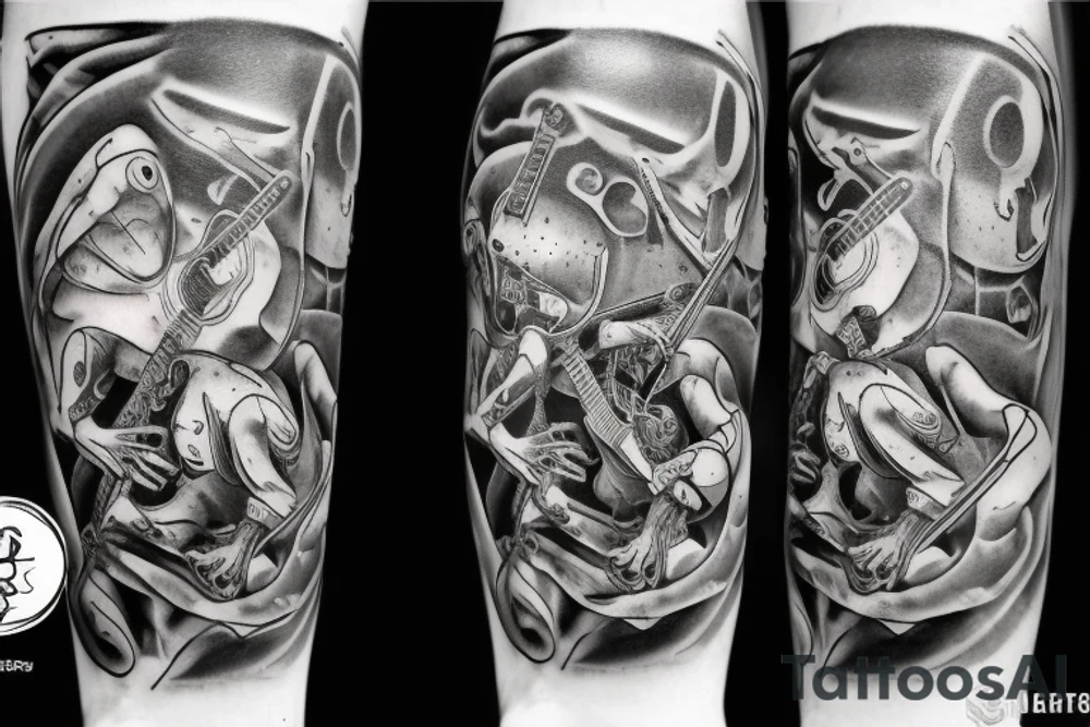 Two frogs cyborg are dancing together. One is holding a guitar and the second one is holding a bottle of wine. Detailed, realistic. tattoo idea