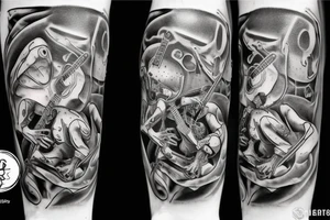 Two frogs cyborg are dancing together. One is holding a guitar and the second one is holding a bottle of wine. Detailed, realistic. tattoo idea