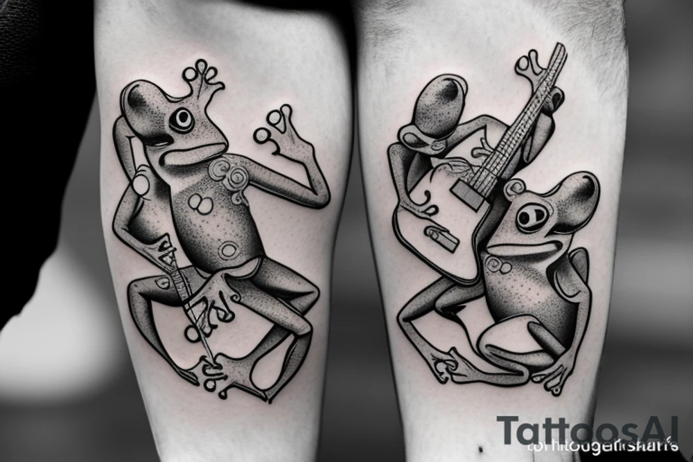 Two frogs are dancing. One is holding a guitar and the second one is holding a bottle of wine. Detailed, realistic. tattoo idea