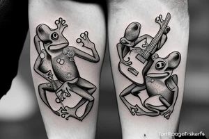 Two frogs are dancing. One is holding a guitar and the second one is holding a bottle of wine. Detailed, realistic. tattoo idea