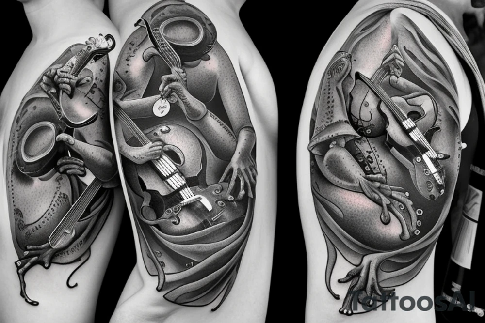 Two frogs are dancing. One is holding a guitar and the second one is holding a bottle of wine. Detailed, realistic. tattoo idea