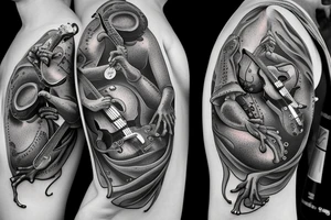 Two frogs are dancing. One is holding a guitar and the second one is holding a bottle of wine. Detailed, realistic. tattoo idea