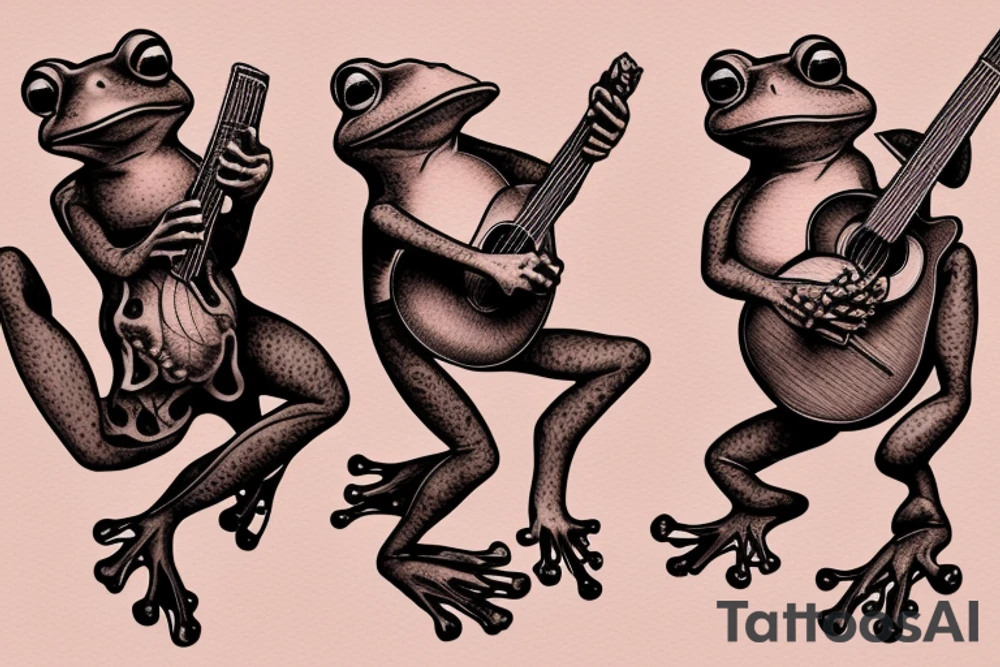 Two frogs are dancing. One is holding a guitar and the second one is holding a bottle of wine. Detailed, realistic. tattoo idea