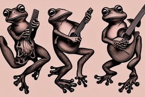 Two frogs are dancing. One is holding a guitar and the second one is holding a bottle of wine. Detailed, realistic. tattoo idea