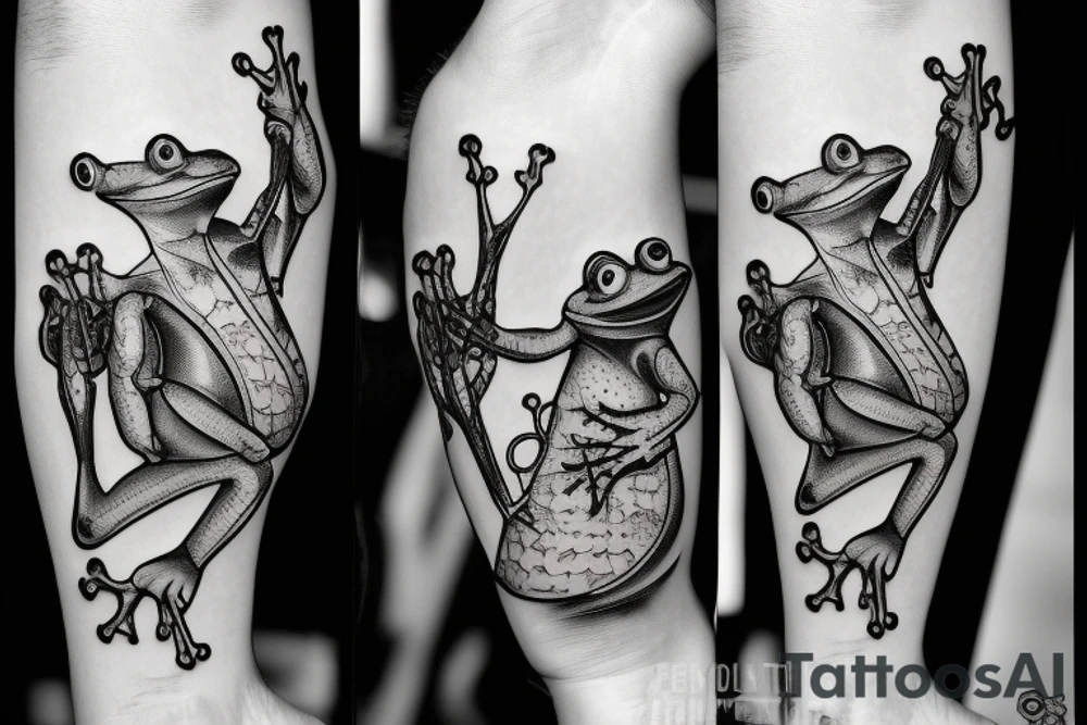 Two frogs are dancing. One is holding a guitar and the second one is holding a bottle of wine. Detailed, realistic. tattoo idea