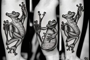 Two frogs are dancing. One is holding a guitar and the second one is holding a bottle of wine. Detailed, realistic. tattoo idea