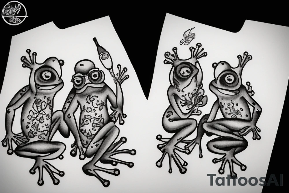 Two frogs are dancing. One is holding a guitar and the second one is holding a bottle of wine. Detailed, realistic. tattoo idea