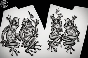 Two frogs are dancing. One is holding a guitar and the second one is holding a bottle of wine. Detailed, realistic. tattoo idea