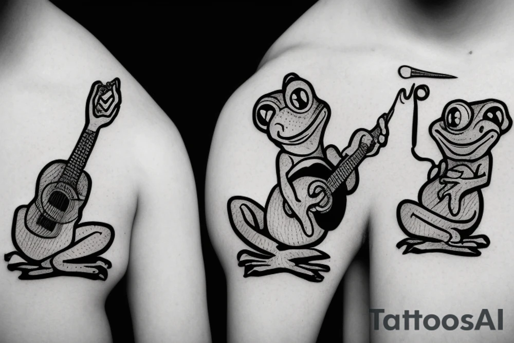 Two frogs are dancing. One is holding a guitar and the second one is holding a bottle of wine. Detailed, realistic. tattoo idea