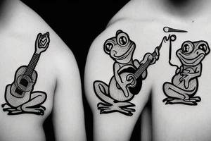 Two frogs are dancing. One is holding a guitar and the second one is holding a bottle of wine. Detailed, realistic. tattoo idea