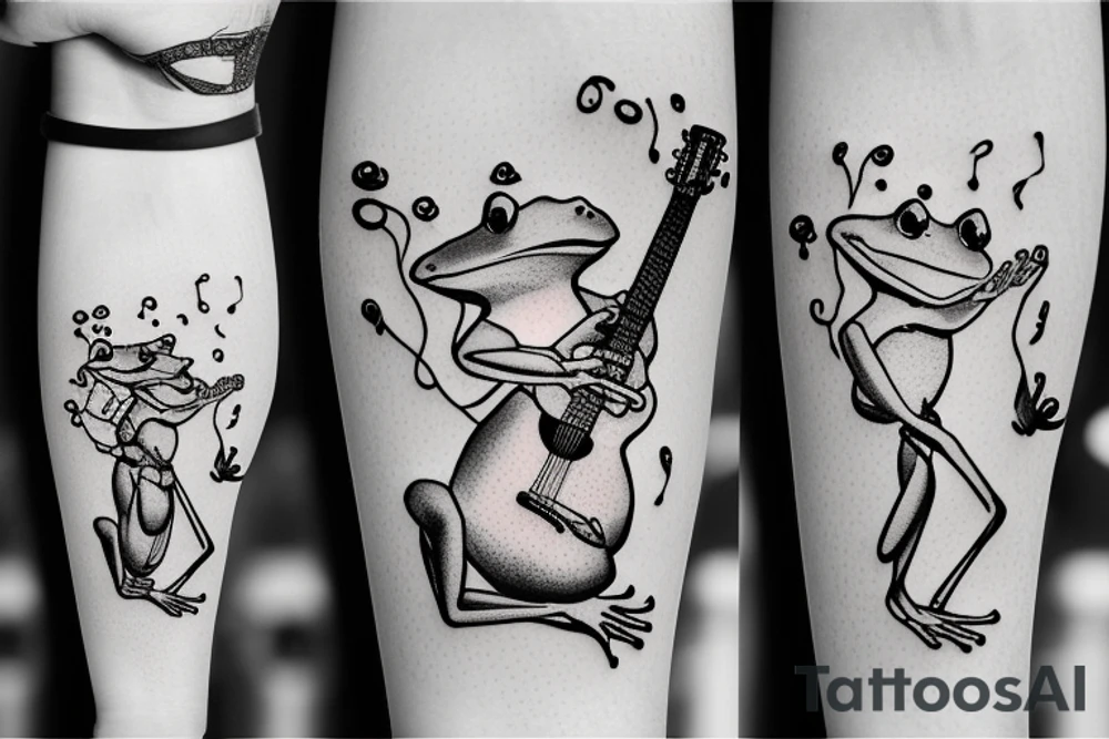 Two frogs are dancing. One is holding a guitar and the second one is holding a bottle of wine. Detailed, realistic. tattoo idea