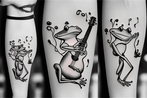 Two frogs are dancing. One is holding a guitar and the second one is holding a bottle of wine. Detailed, realistic. tattoo idea