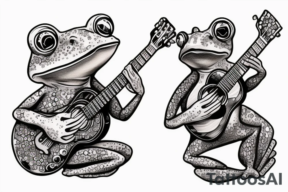 Two frogs are dancing. One is holding a guitar and the second one is holding a bottle of wine. Detailed, realistic. tattoo idea