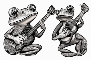 Two frogs are dancing. One is holding a guitar and the second one is holding a bottle of wine. Detailed, realistic. tattoo idea
