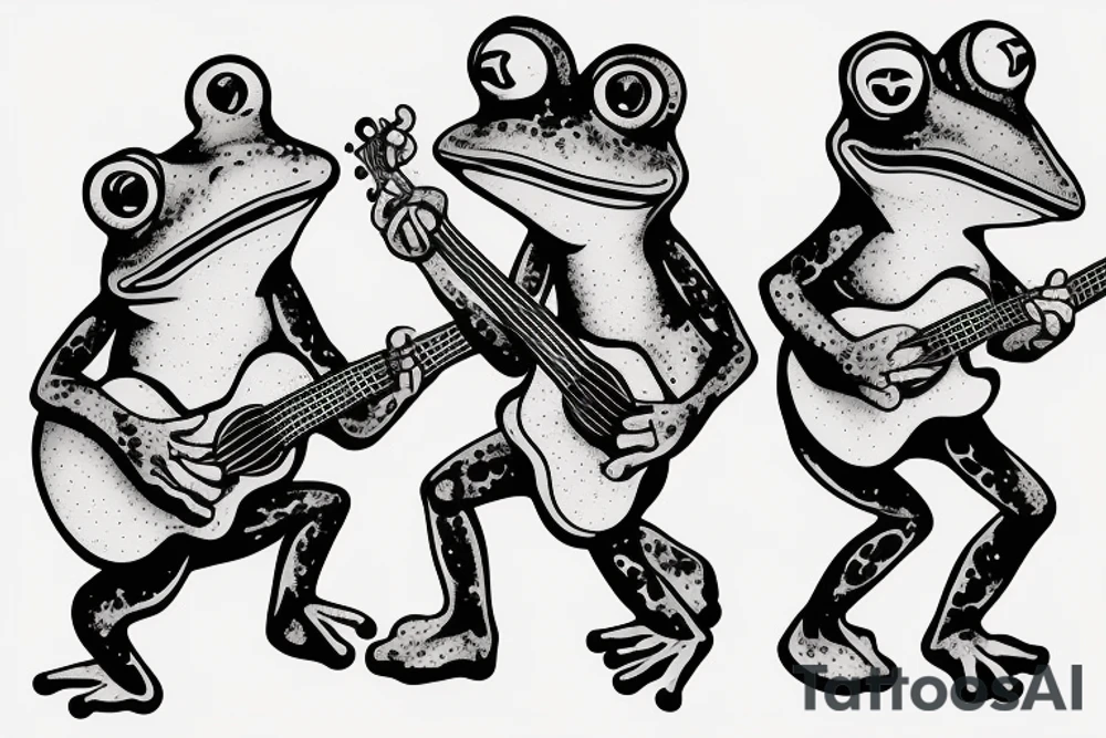 Two frogs are dancing. One is holding a guitar and the second one is holding a bottle of wine. Detailed, realistic. tattoo idea