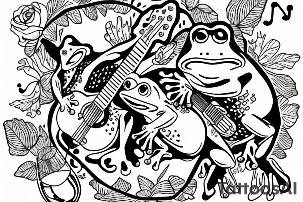 Two frogs are dancing. One is holding a guitar and the second one is holding a bottle of wine. Detailed, realistic. tattoo idea