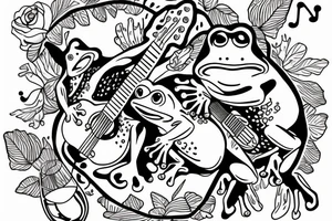 Two frogs are dancing. One is holding a guitar and the second one is holding a bottle of wine. Detailed, realistic. tattoo idea
