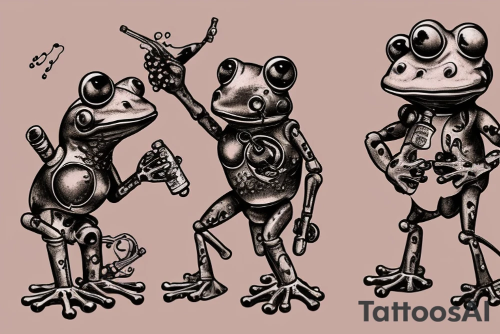 Two cyborg frogs are dancing. One is holding a guitar and the second one is holding a bottle of wine. Detailed, realistic. tattoo idea