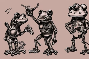 Two cyborg frogs are dancing. One is holding a guitar and the second one is holding a bottle of wine. Detailed, realistic. tattoo idea