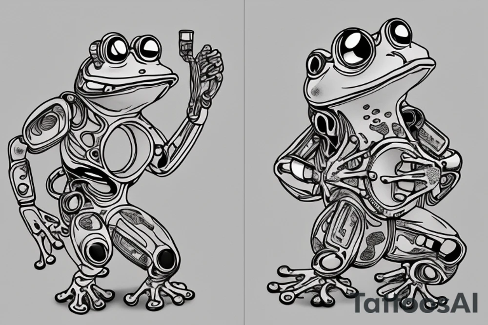 Two cyborg frogs are dancing. One is holding a guitar and the second one is holding a bottle of wine. Detailed, realistic. tattoo idea