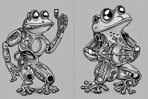 Two cyborg frogs are dancing. One is holding a guitar and the second one is holding a bottle of wine. Detailed, realistic. tattoo idea