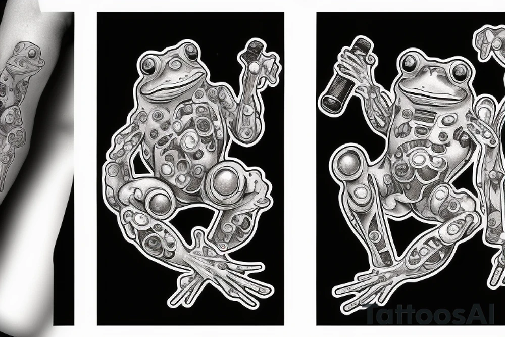 Two cyborg frogs are dancing. One is holding a guitar and the second one is holding a bottle of wine. Detailed, realistic. tattoo idea