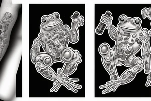 Two cyborg frogs are dancing. One is holding a guitar and the second one is holding a bottle of wine. Detailed, realistic. tattoo idea