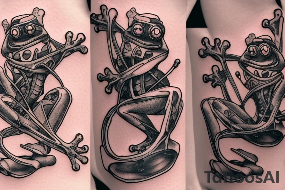Two cyborg frogs are dancing. One is holding a guitar and the second one is holding a bottle of wine. Detailed, realistic. tattoo idea