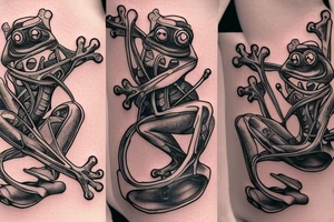 Two cyborg frogs are dancing. One is holding a guitar and the second one is holding a bottle of wine. Detailed, realistic. tattoo idea