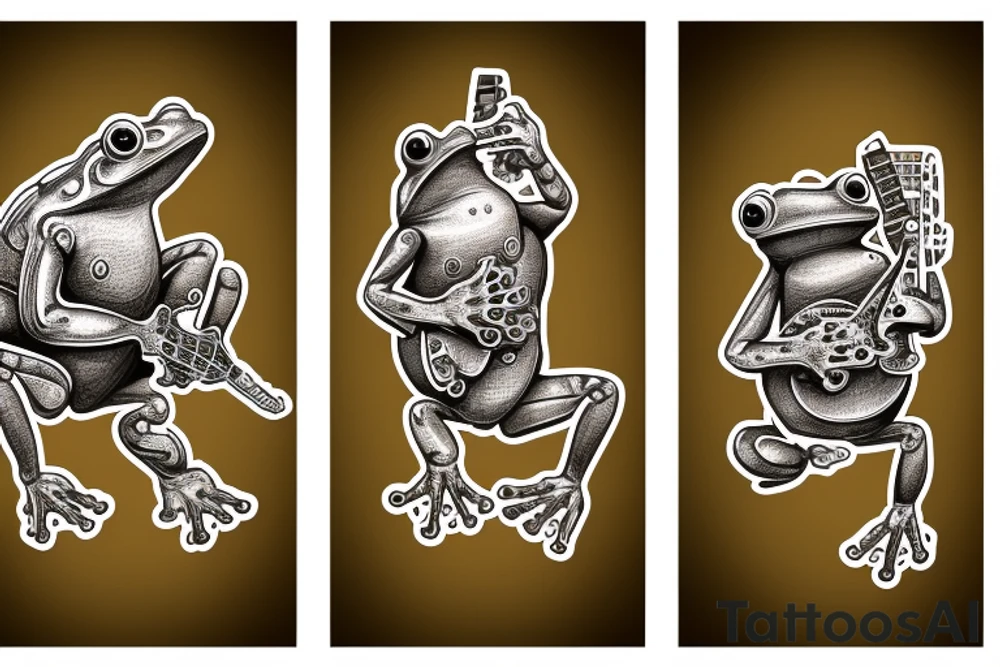 Two cyborg frogs are dancing. One is holding a guitar and the second one is holding a bottle of wine. Detailed, realistic. tattoo idea