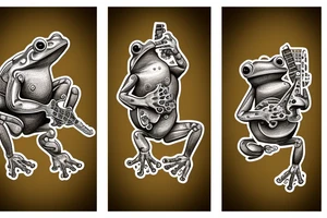 Two cyborg frogs are dancing. One is holding a guitar and the second one is holding a bottle of wine. Detailed, realistic. tattoo idea
